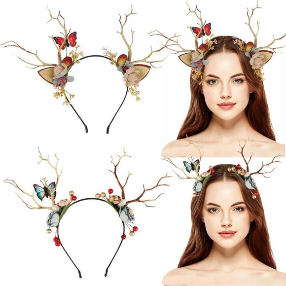 Deer Antler Flower Crown Headbands Women Girls Halloween Christmas Party